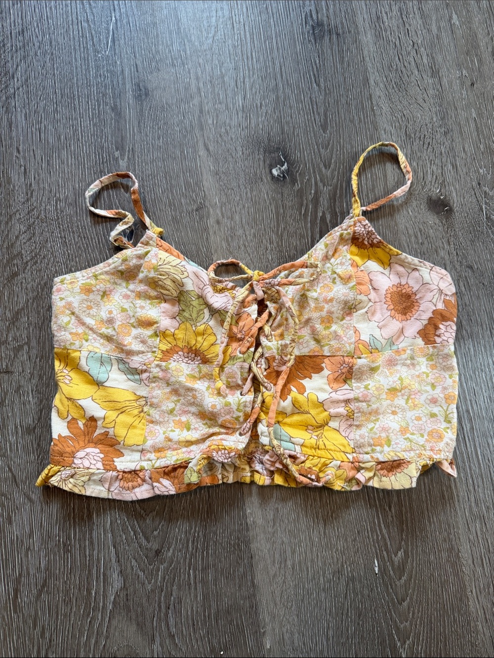 American Eagle Outfitters Floral Lace-Up Crop Cami in Yellow, Pink and Orange